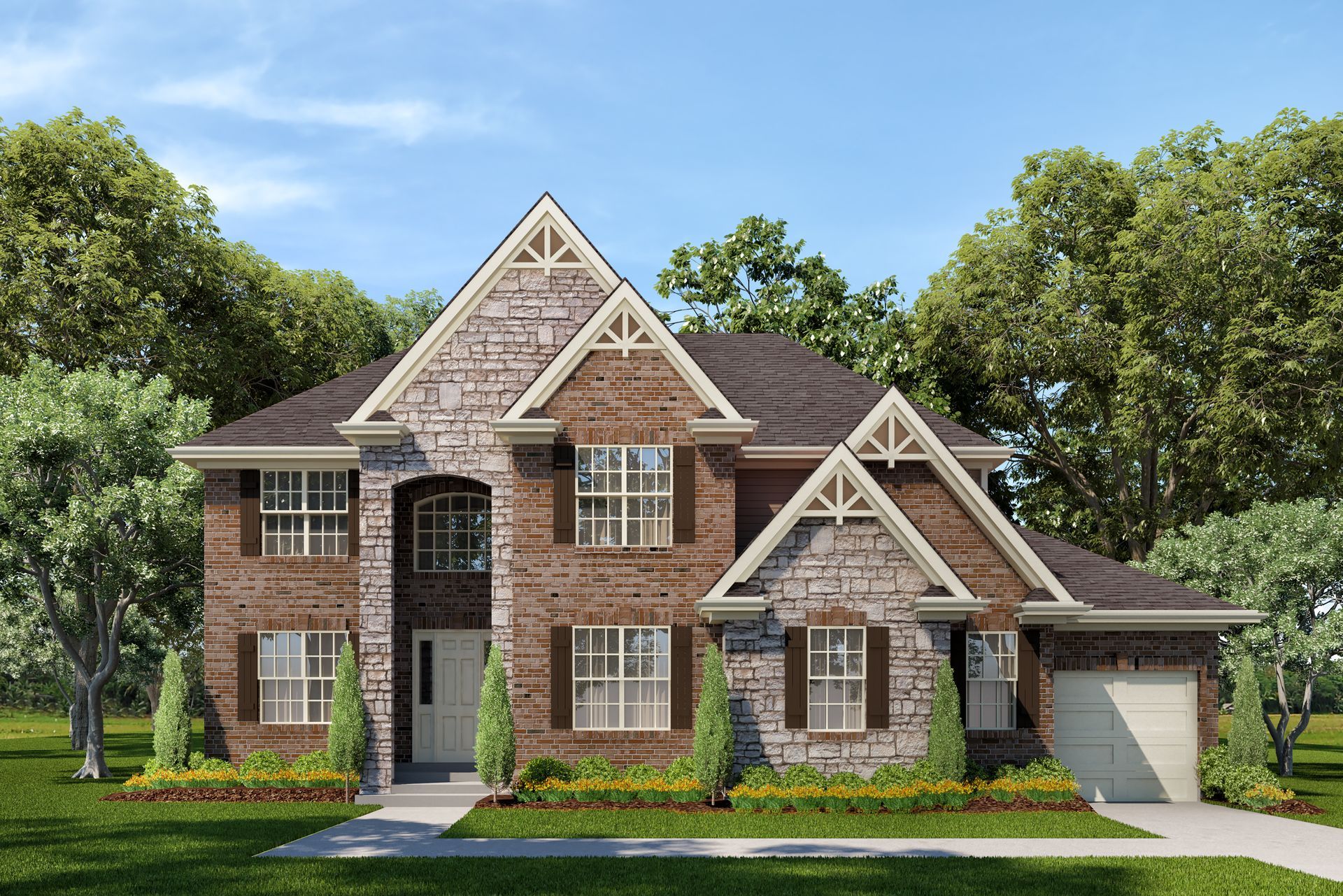 A large brick house with a garage and a lot of windows is surrounded by trees.