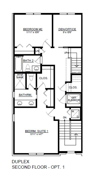 A black and white floor plan of a duplex second floor option 1