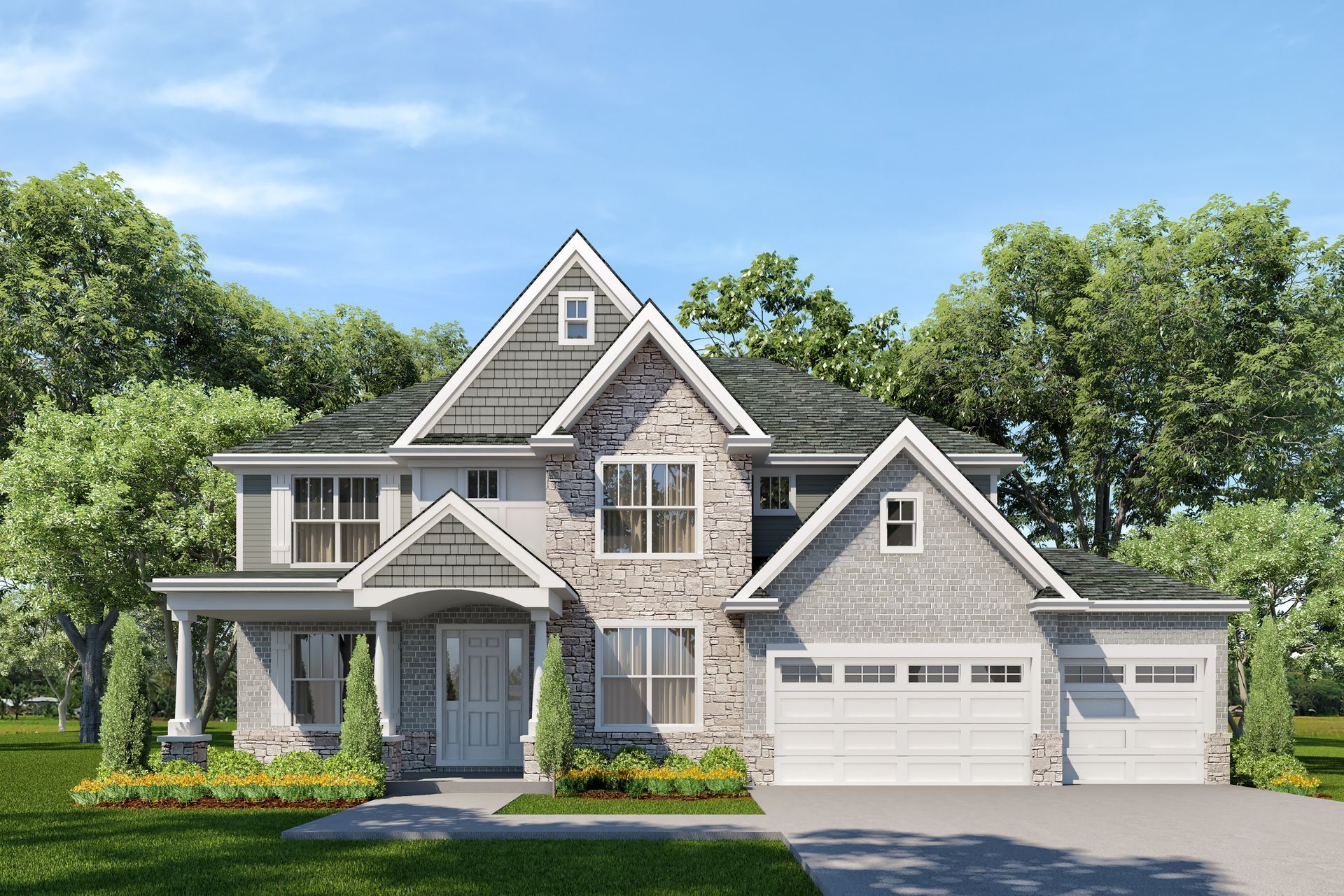 A large house with a lot of windows and a garage is sitting on top of a lush green field.