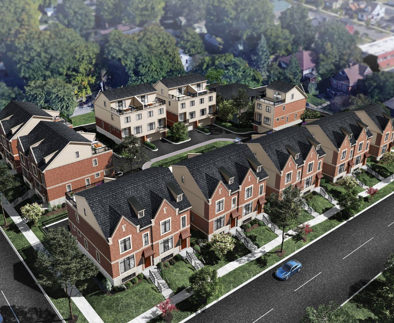 An aerial view of a row of houses in a residential area