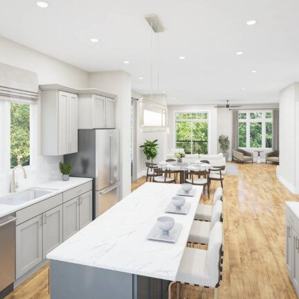 An artist 's impression of a kitchen with a large island