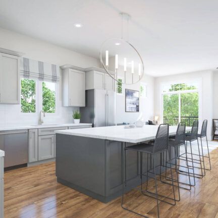 An artist 's impression of a kitchen with a large island and stools.