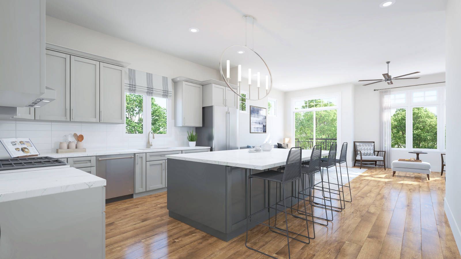 An artist 's impression of a kitchen with a large island in the middle.