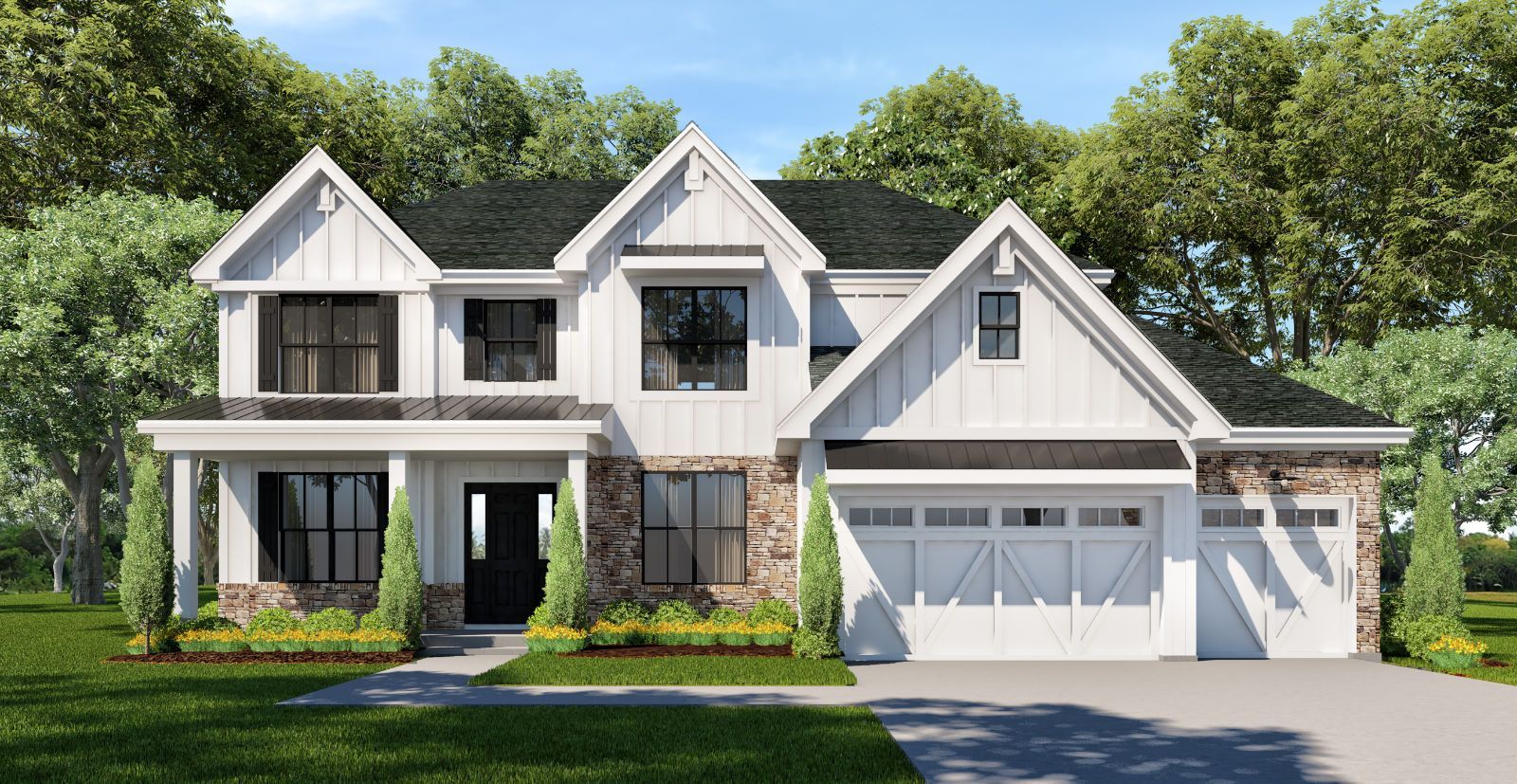 A large white house with a black roof is sitting on top of a lush green field.