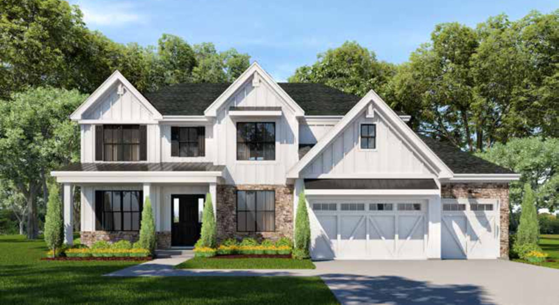 An artist 's impression of a white house with a black roof.