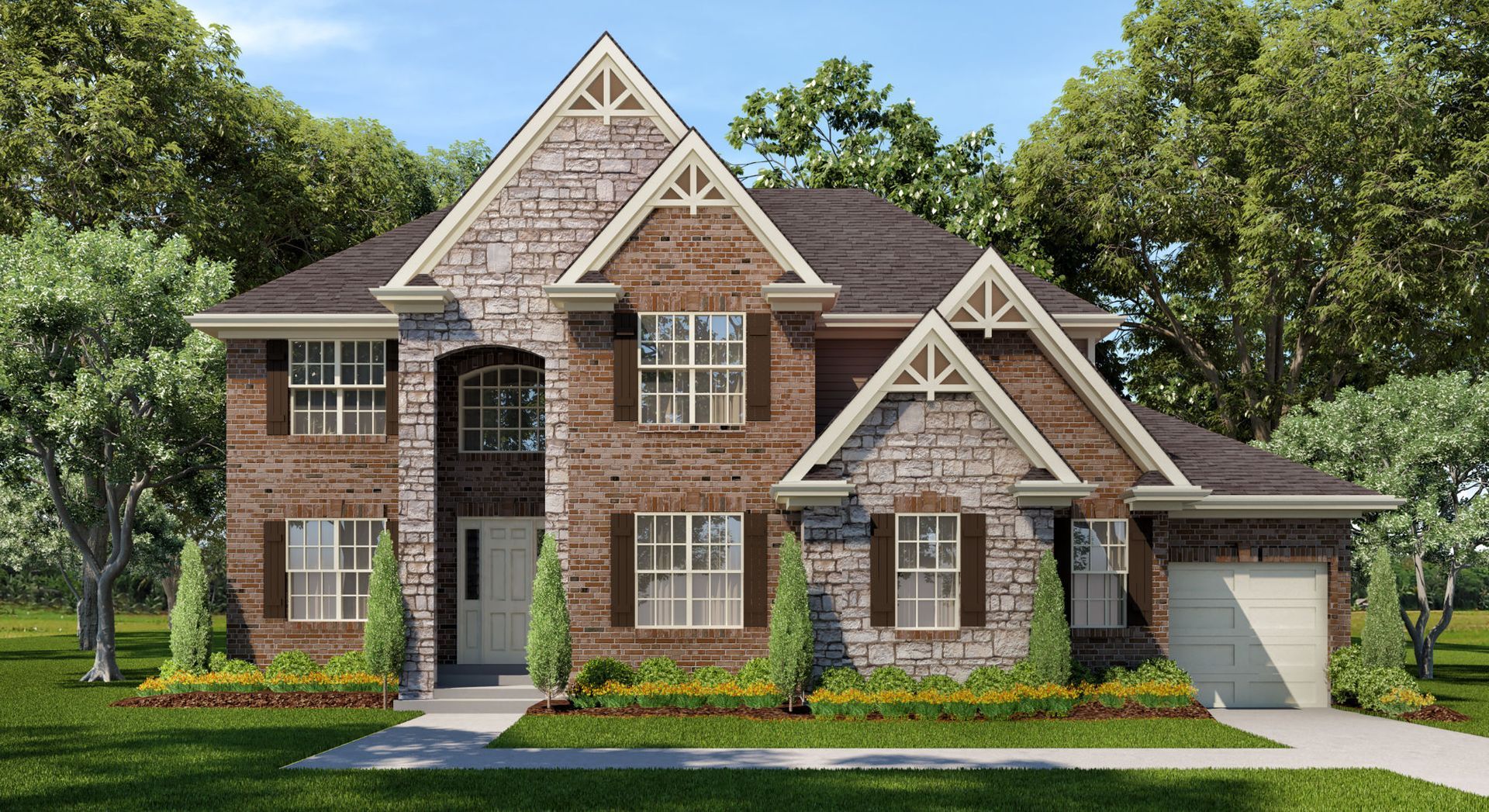 A large brick house with a garage and a lot of windows