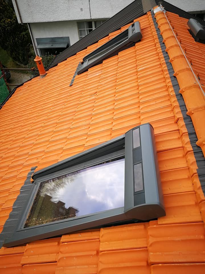 Ci sono due lucernari sul tetto di una casa.