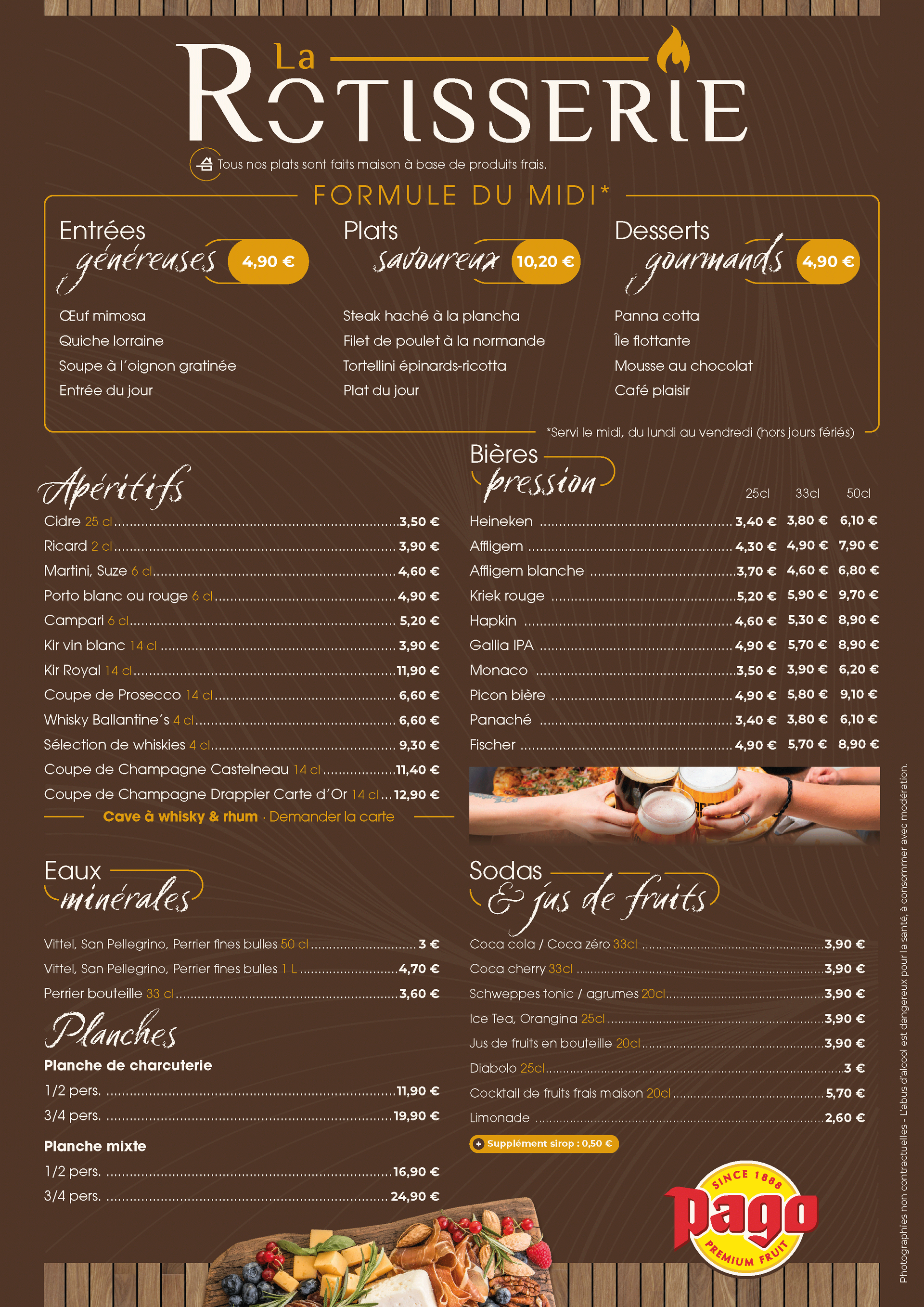 Carte du restaurant « La Rotisserie », fond marron foncé, proposant des formules déjeuner, des entrées et des plats.