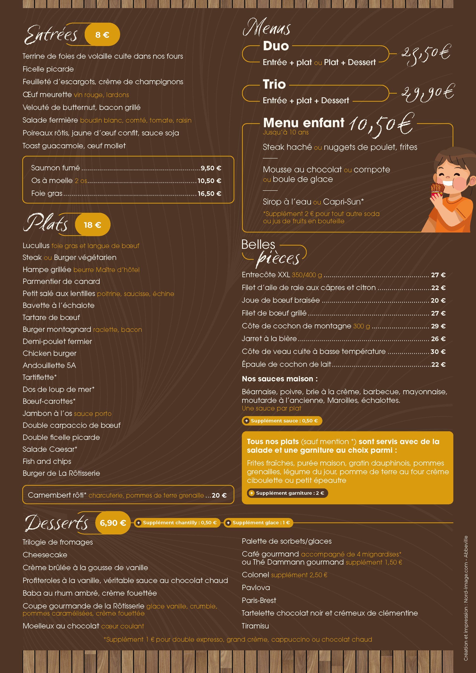 Carte de restaurant, fond marron, choix de plats variés, enfant mangeant une glace à côté.