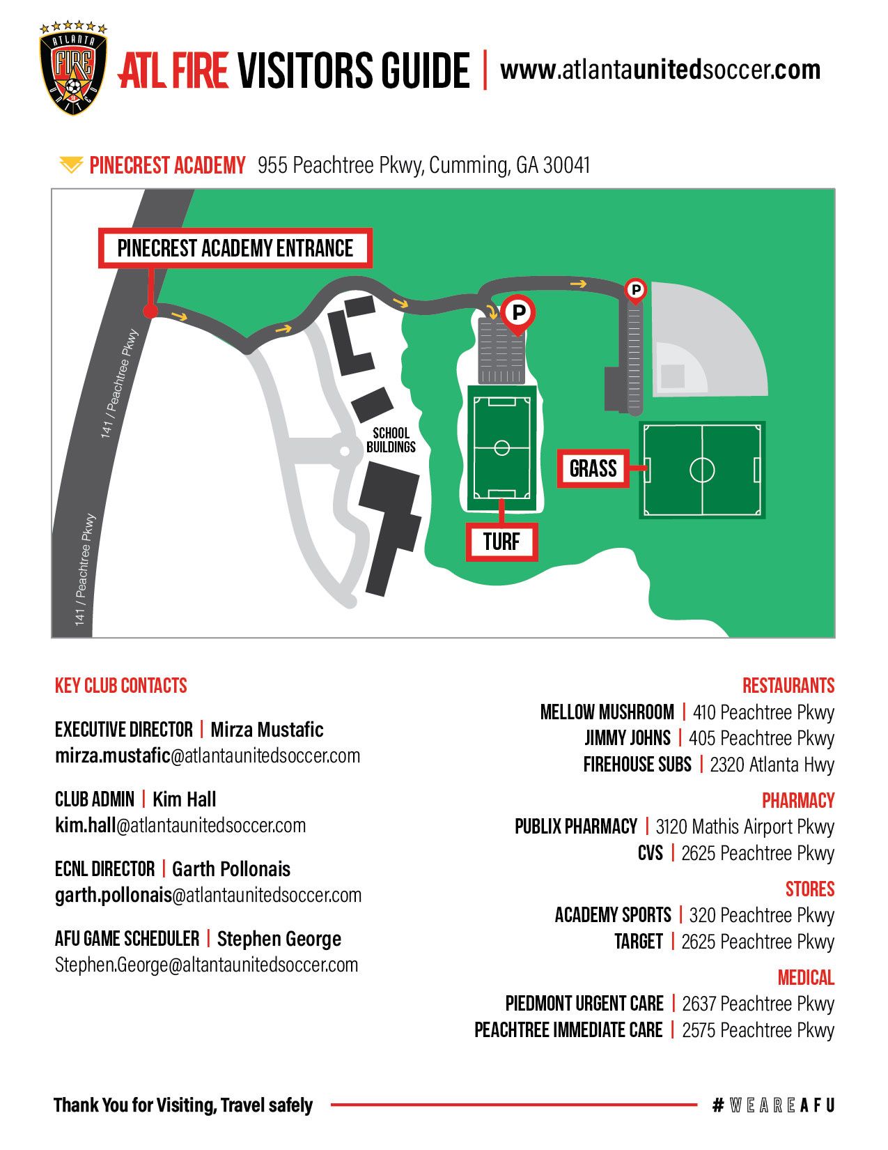 Atlanta United FC Visitors Guide showing the Pine Crest Academy, map of the academy, and contact information.