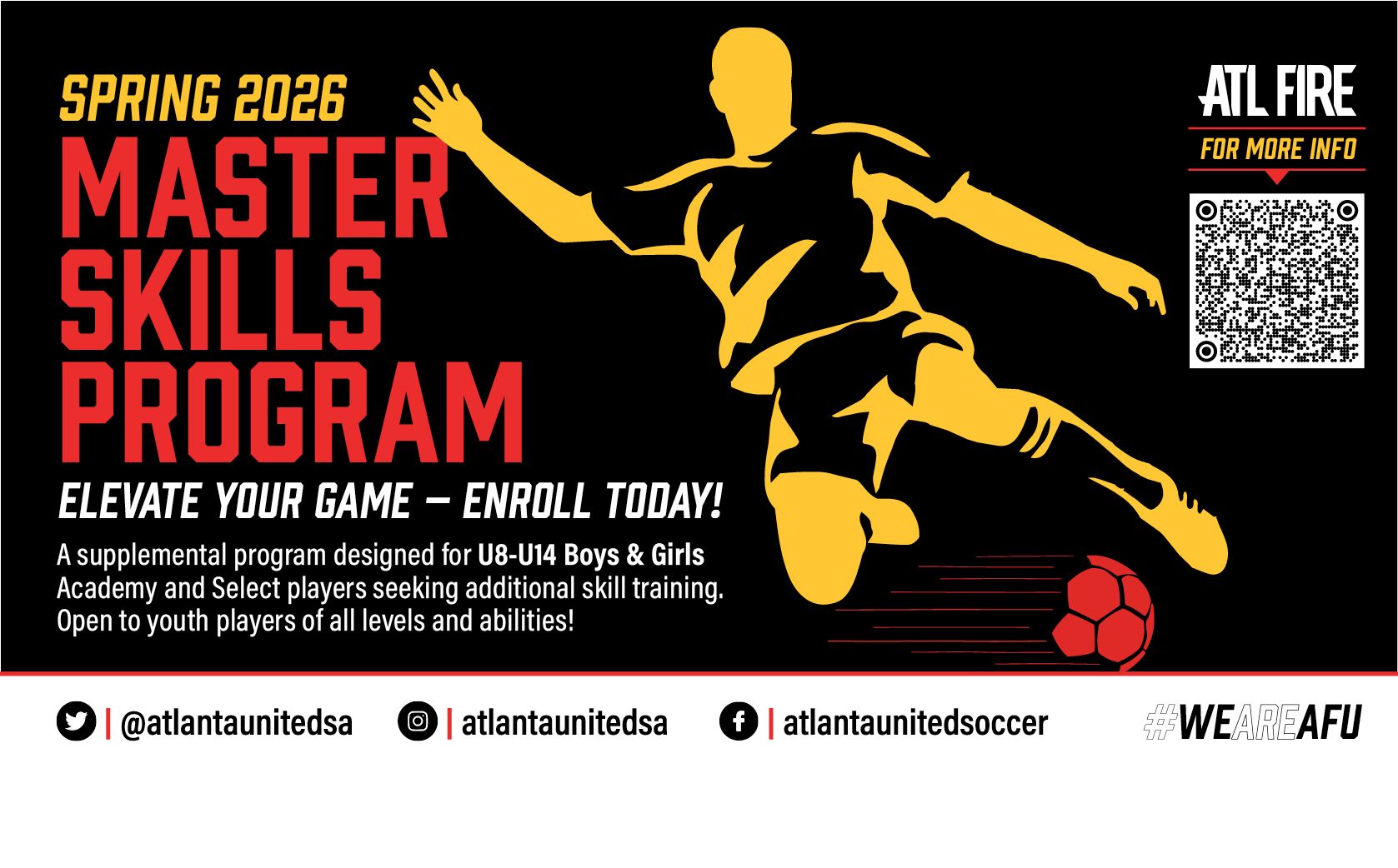 Soccer skills program advertisement. Silhouetted player with ball. Text includes: