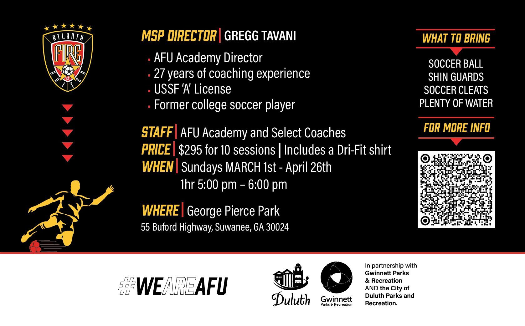 Soccer camp flyer with information about the director, staff, dates, price, and what to bring.
