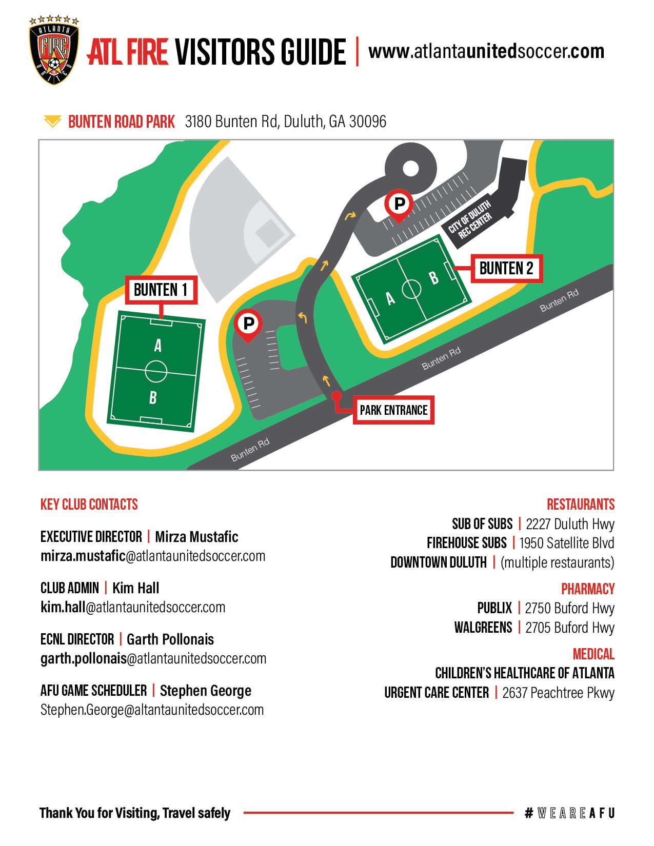 Map: Atlanta United Soccer Visitors Guide for Riverwood Park. Green, gray, and black layout with key areas marked.