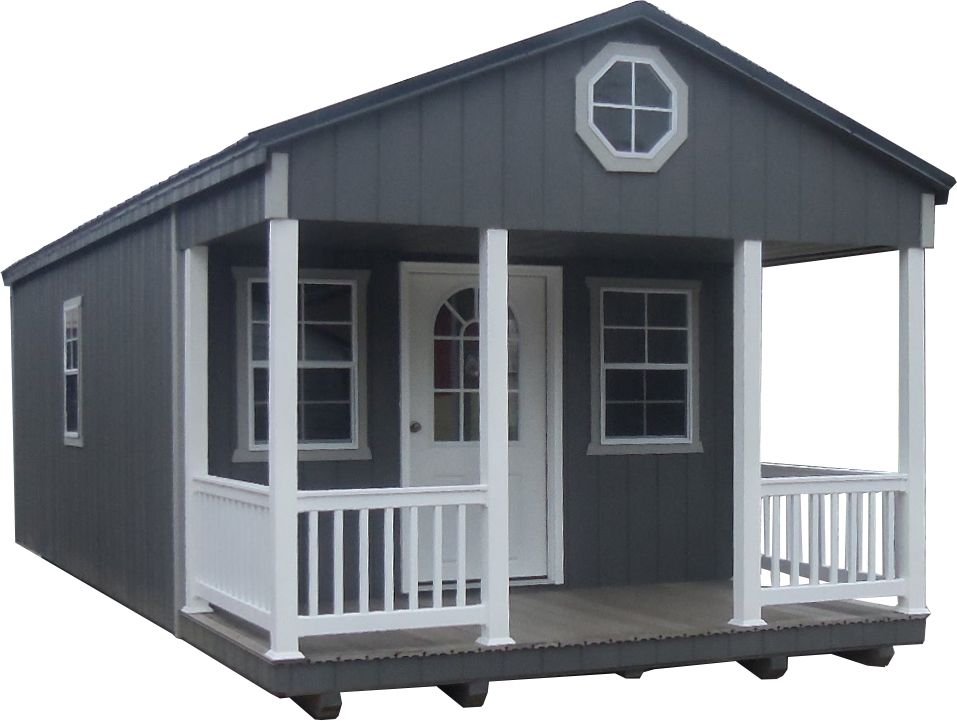 Small dark-gray tiny house with white trim, front porch, and octagonal window on the gable.
