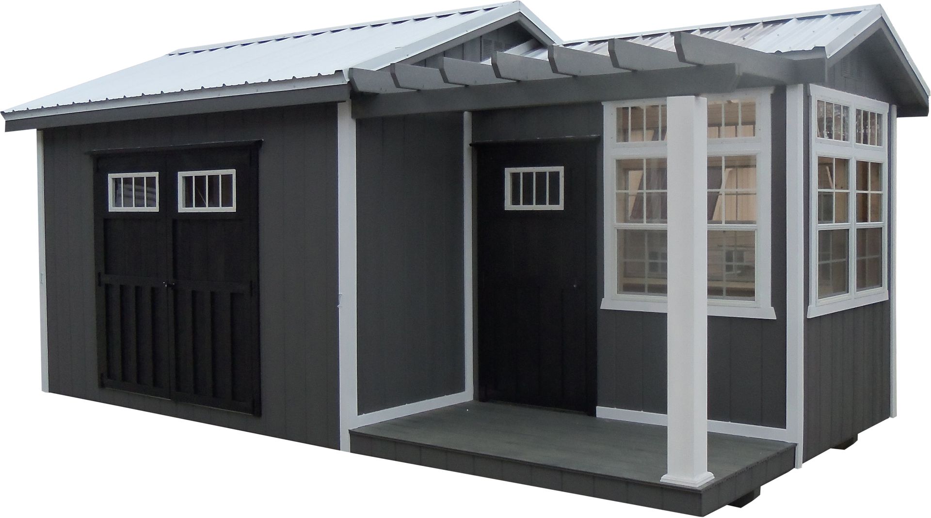 Gray-and-white modern garden shed with porch, black doors, and multiple windows