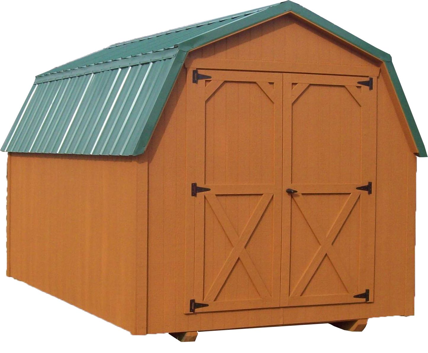 Small orange wooden shed with green metal roof and double barn doors on a white background