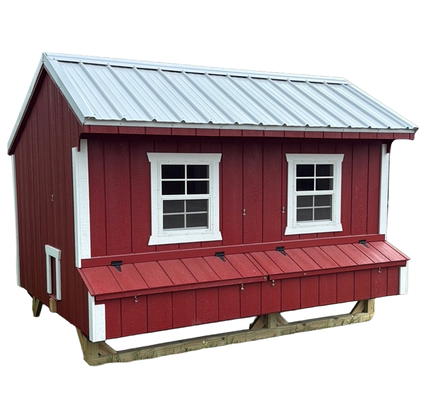 Red wooden garden shed with white trim, two windows, and a gray metal roof on a white background