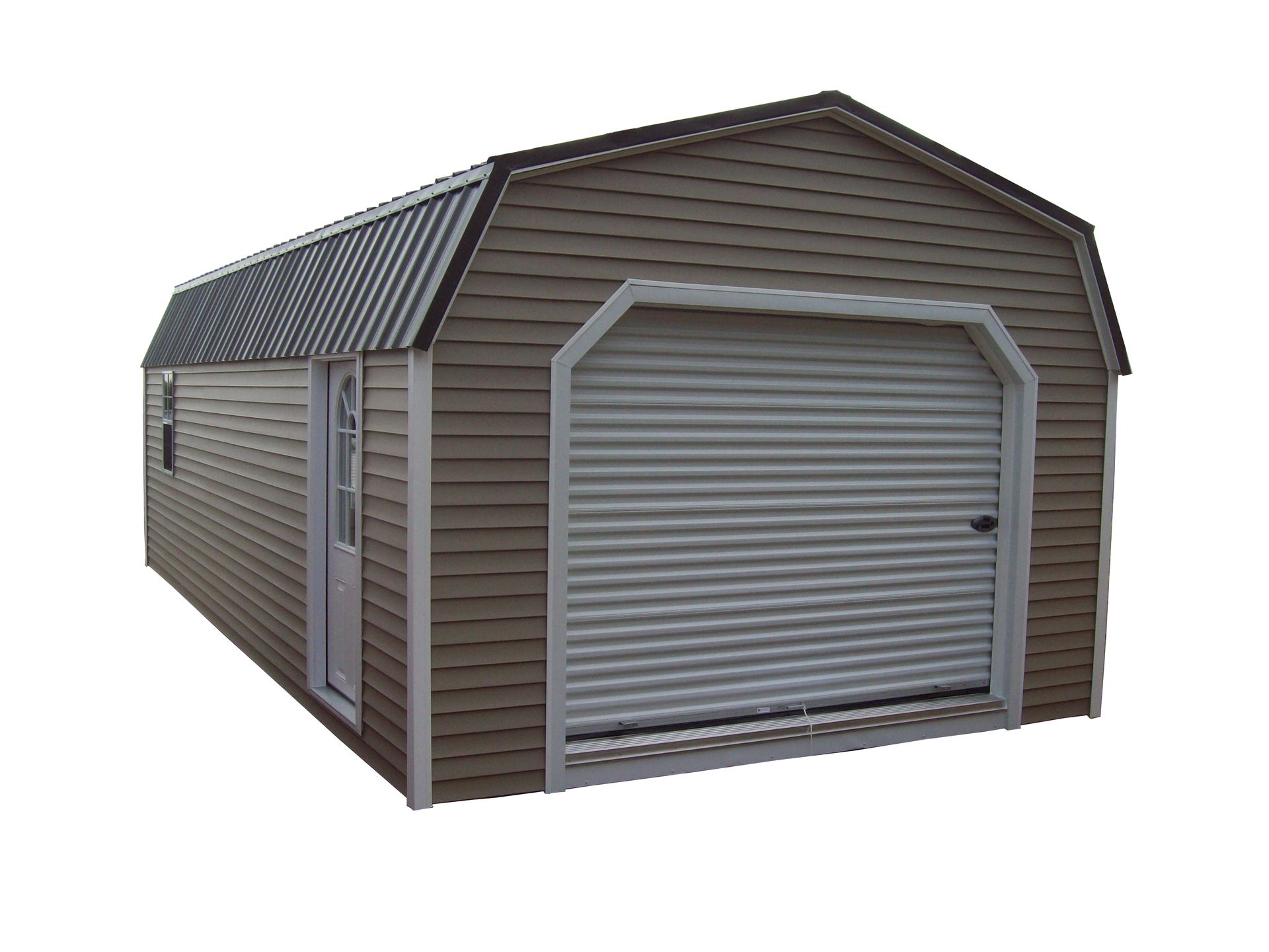 Gray metal garage-style storage shed with a roll-up door and sloped roof, shown on a white background