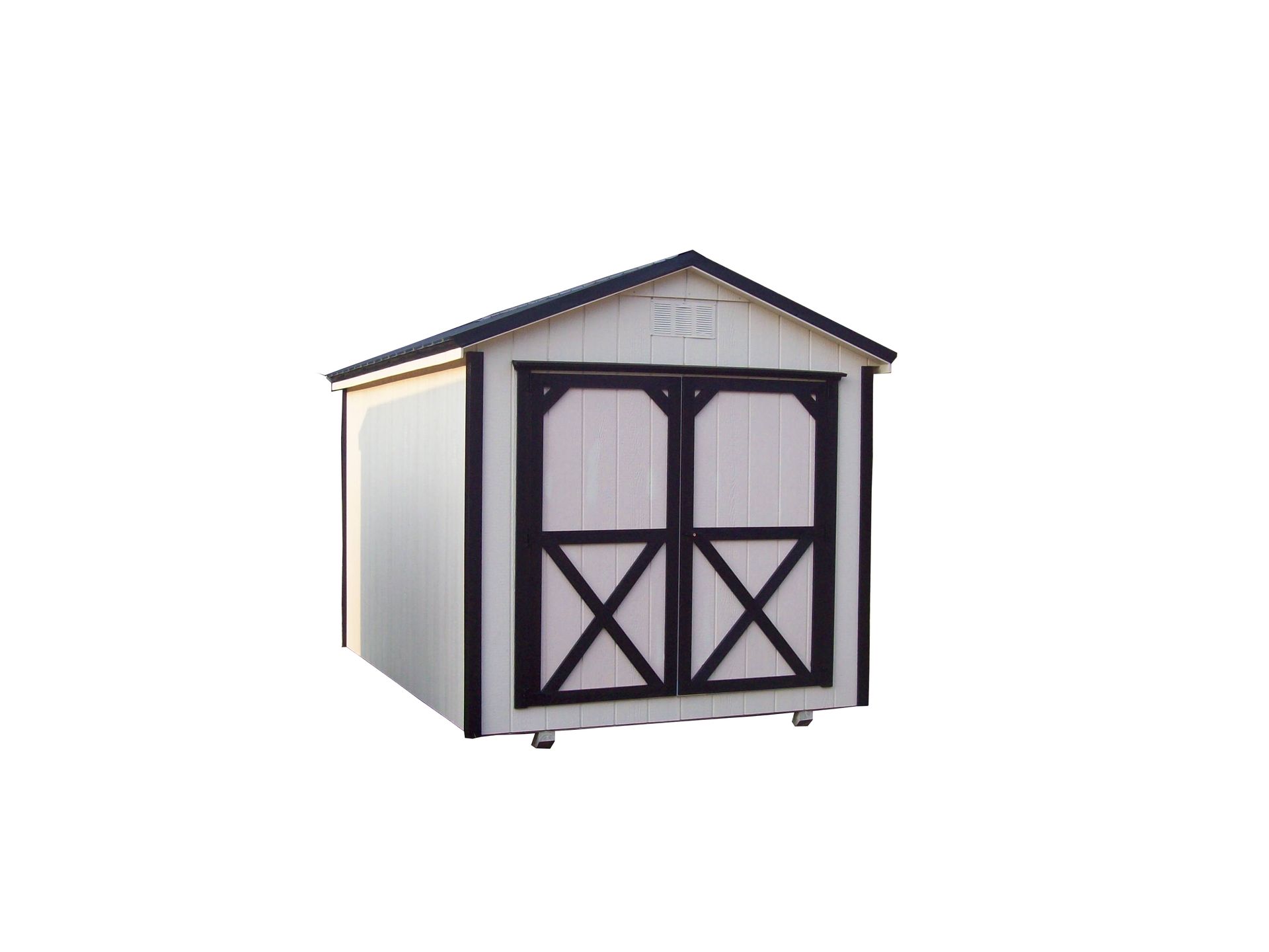 Small white garden shed with dark trim and double barn-style doors