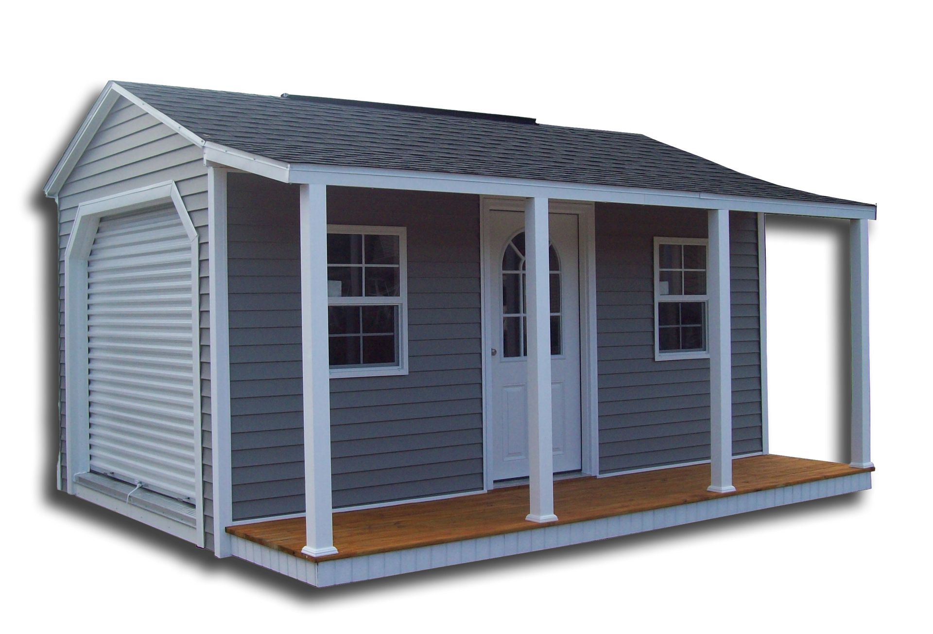 Gray portable shed with porch, white trim, and two windows on a raised wooden deck