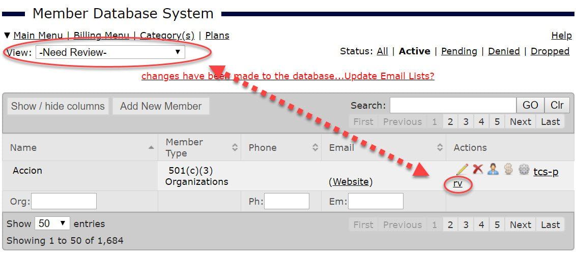A screen shot of a member database system