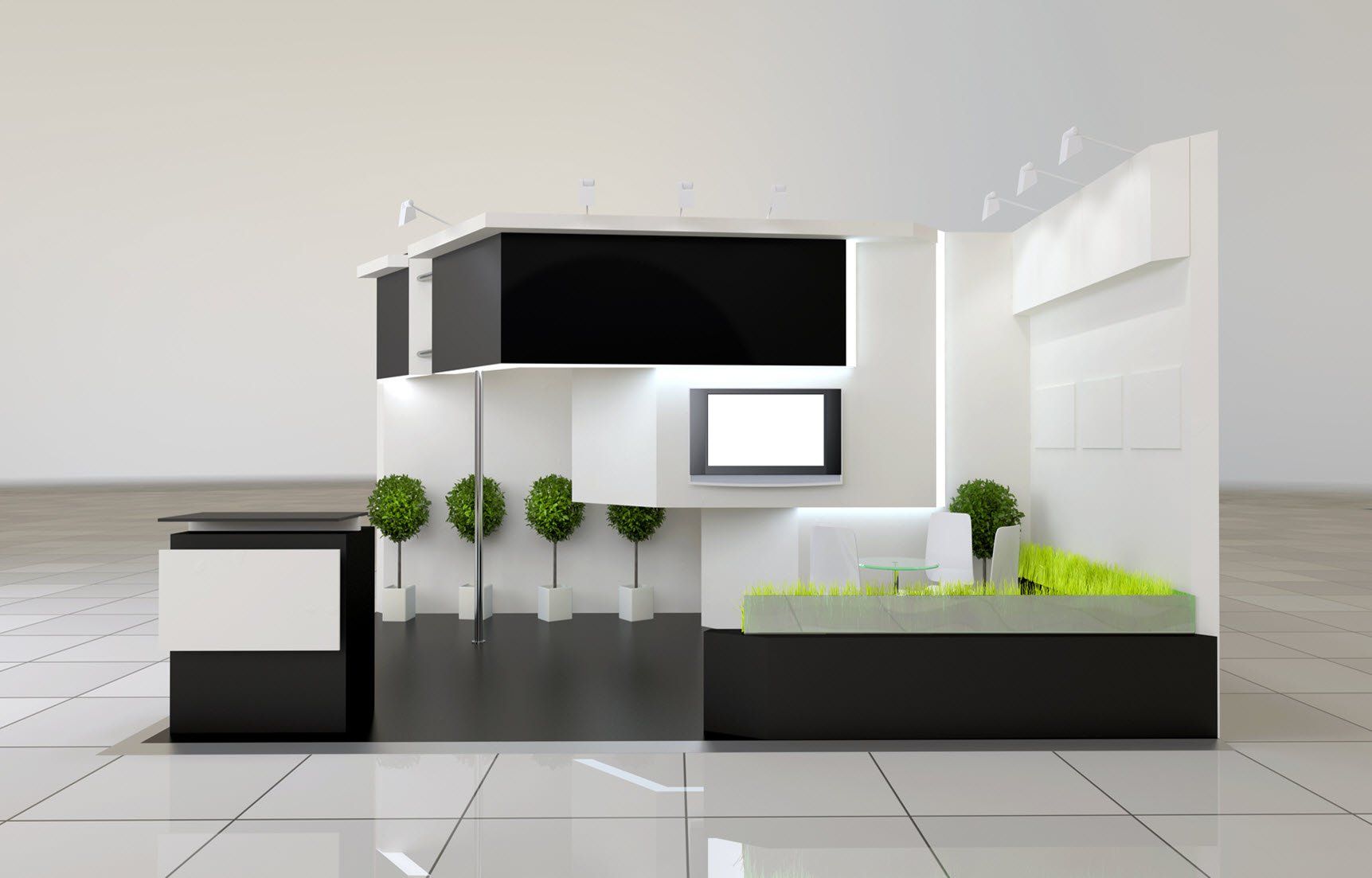 A 3d rendering of a black and white exhibition booth.