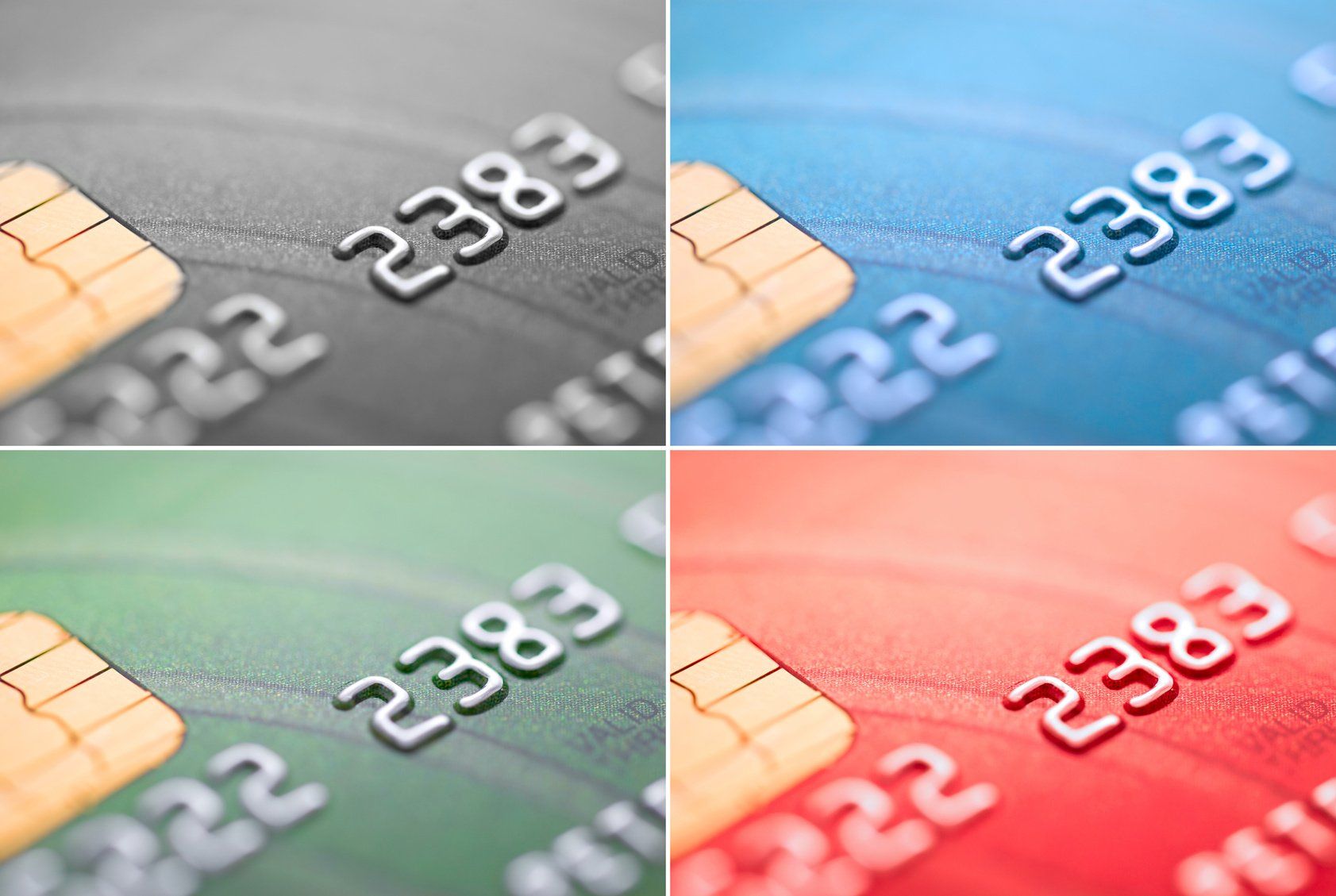 Four different colored credit cards with the numbers 2382 on them