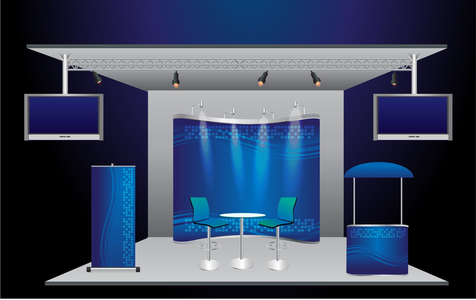 An illustration of a booth with a table and chairs