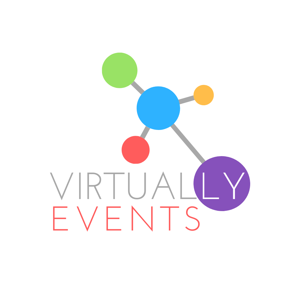 A colorful logo for virtually events with a molecule in the middle.