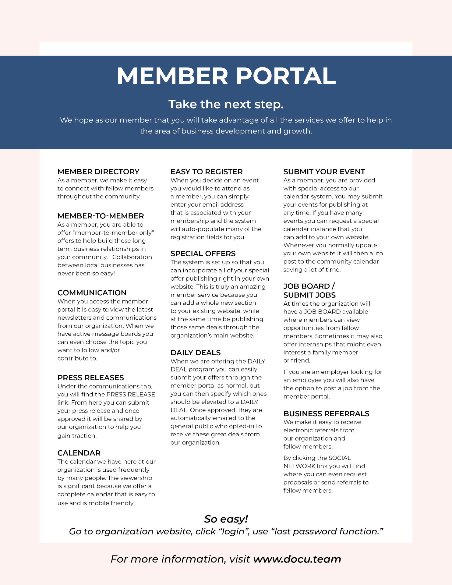 A poster with a lot of text on it that says member portal.