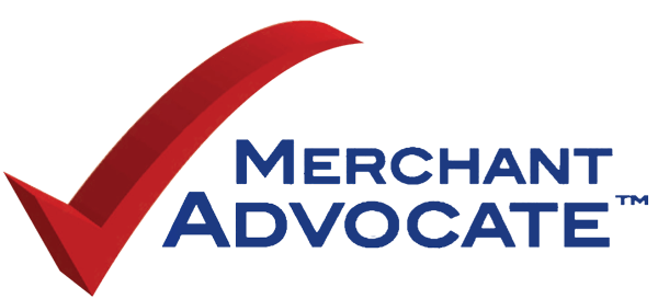 A logo for merchant advocate with a red check mark