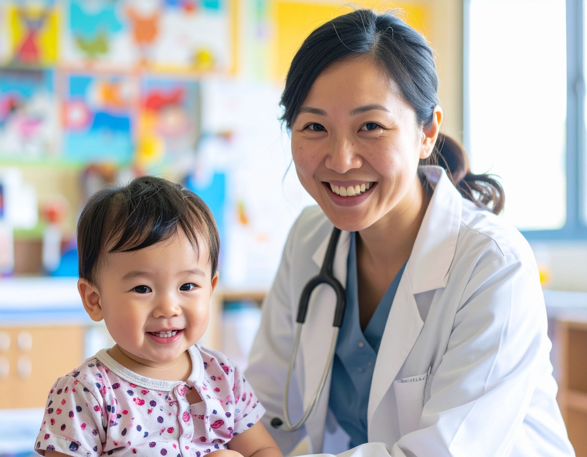 Doctor smiling with a toddler in a bright pediatric clinic
