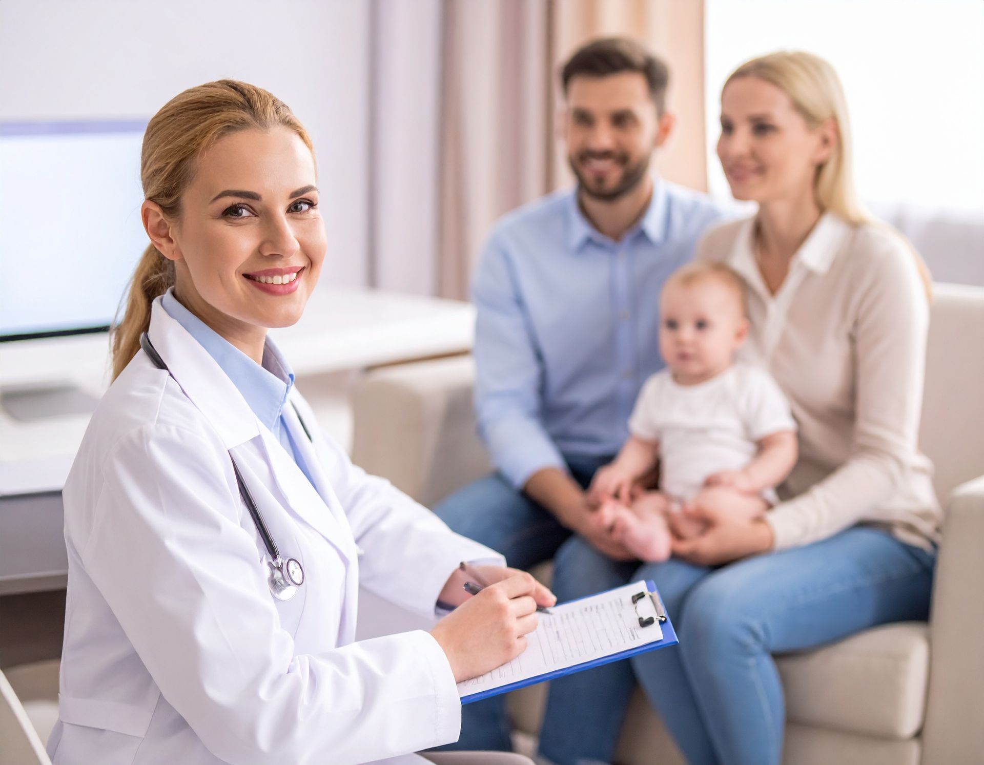 Doctor smiling with clipboard beside a seated family in a bright clinic waiting room