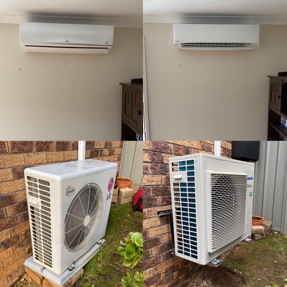 Two Views of an Air Conditioner Indoor Unit, and Two Views of the Outdoor Unit — Airset Air Conditioning in Bonville, NSW