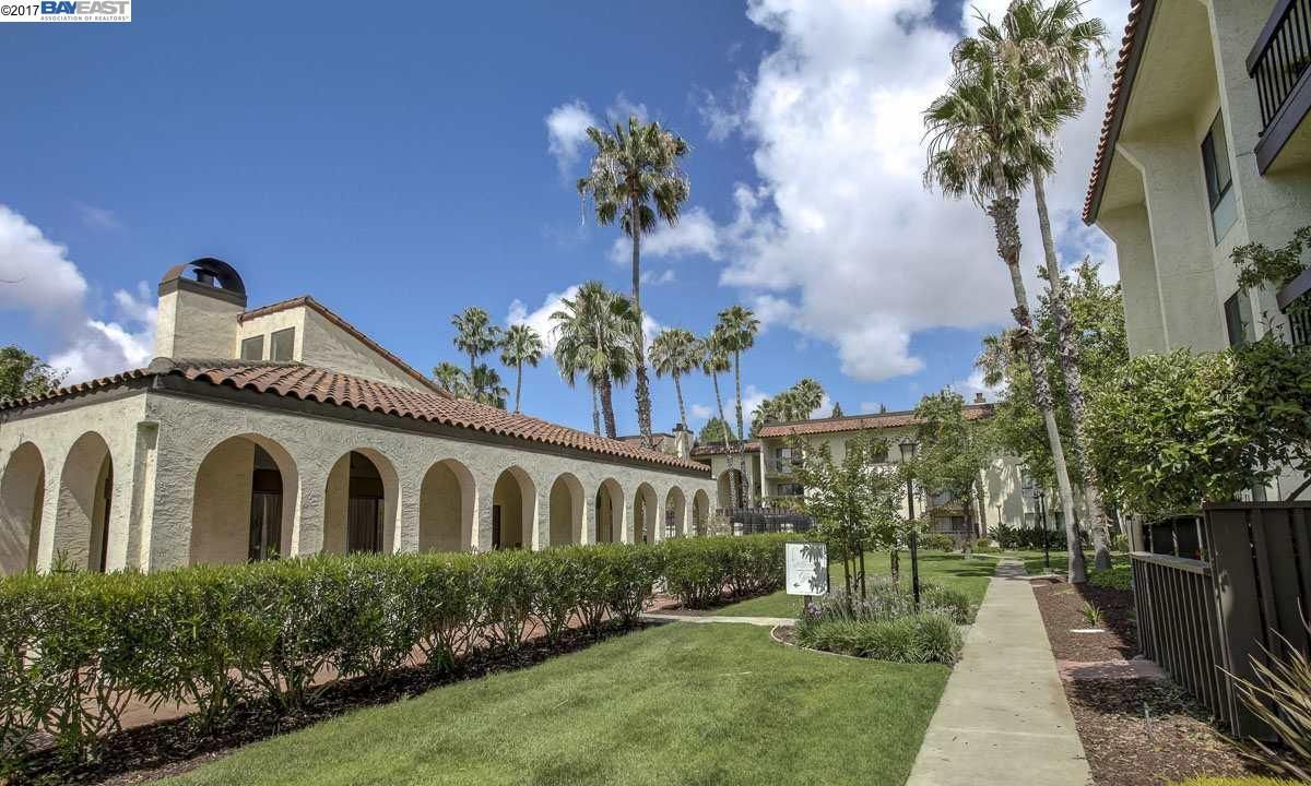 A row of buildings with palm trees in front of them