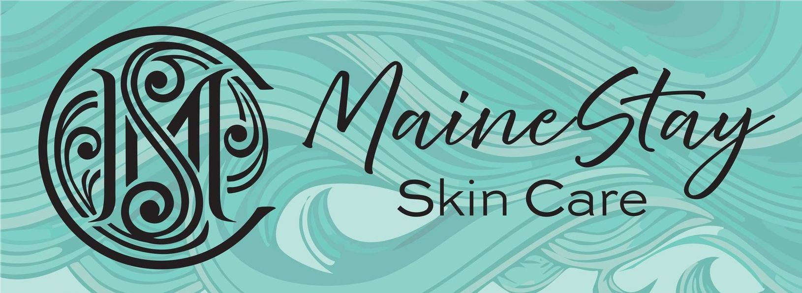 The maine stay skin care logo is on a blue background.