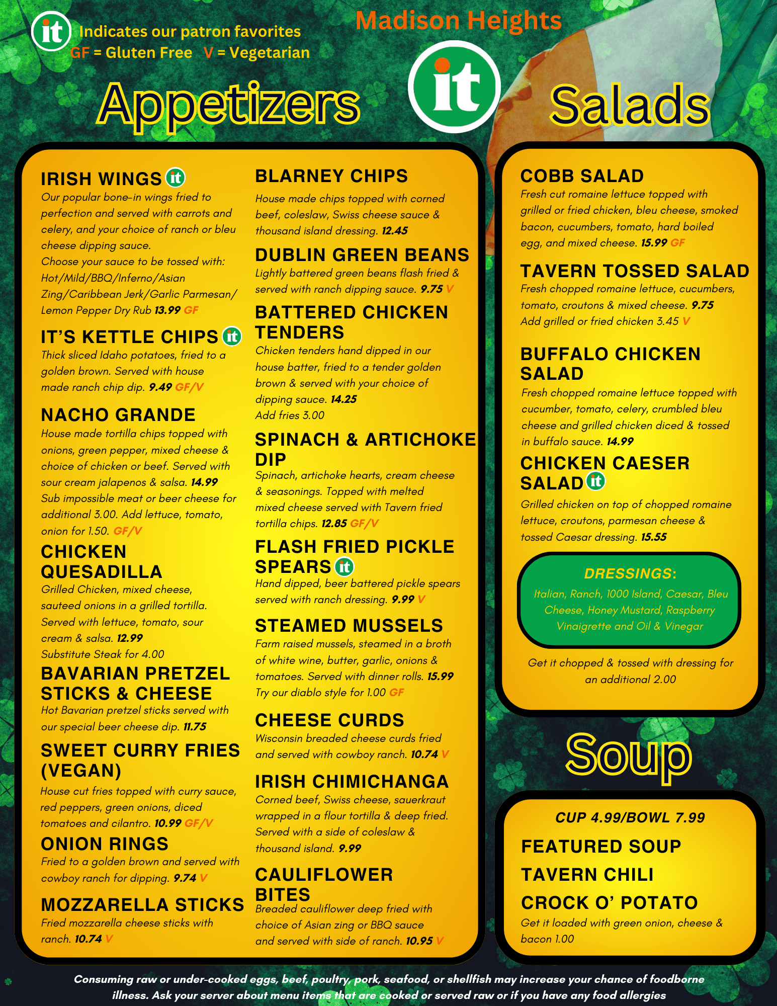 A menu for madison heights restaurant shows appetizers and salads