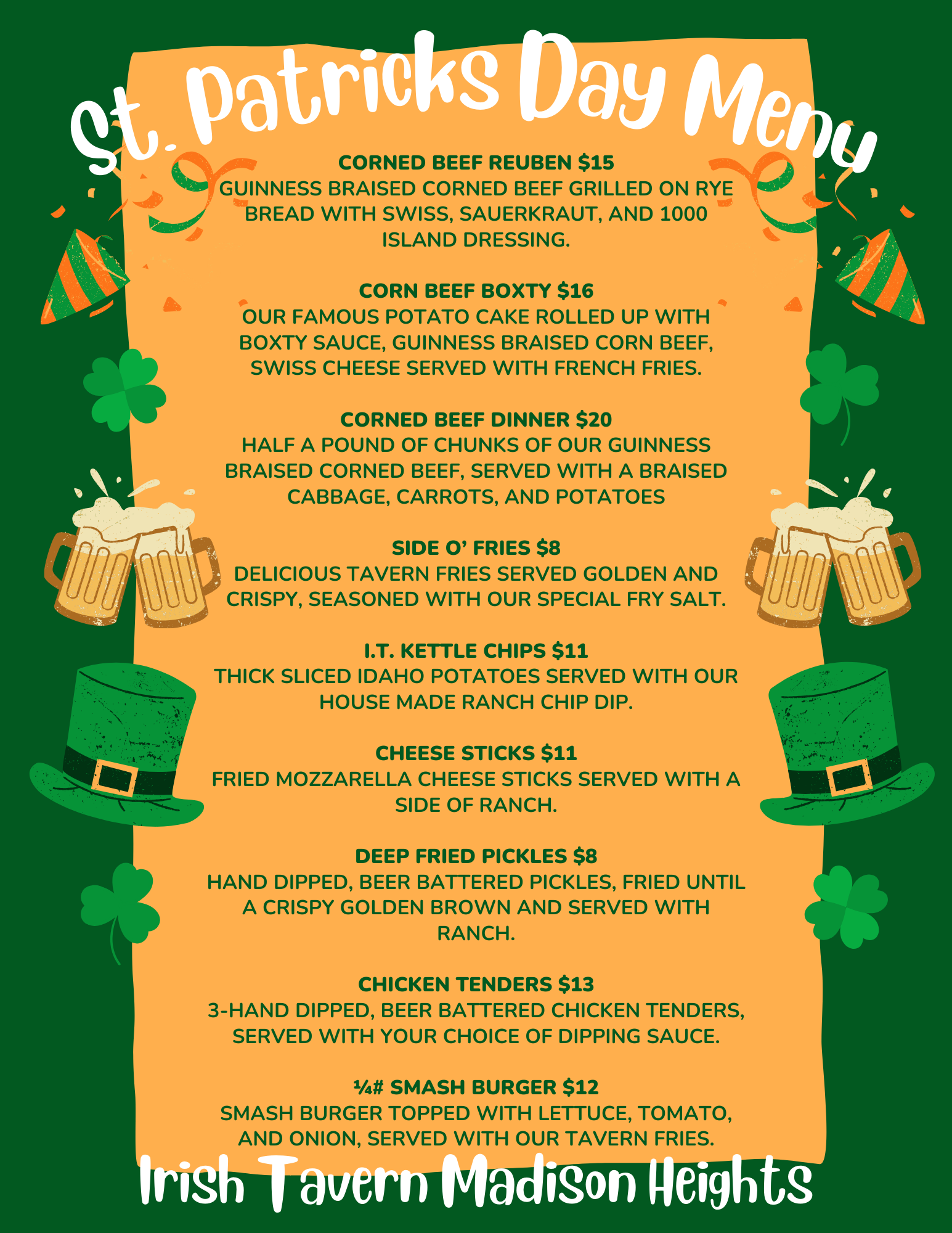 A menu for st. patrick 's day at the irish tavern in madison heights