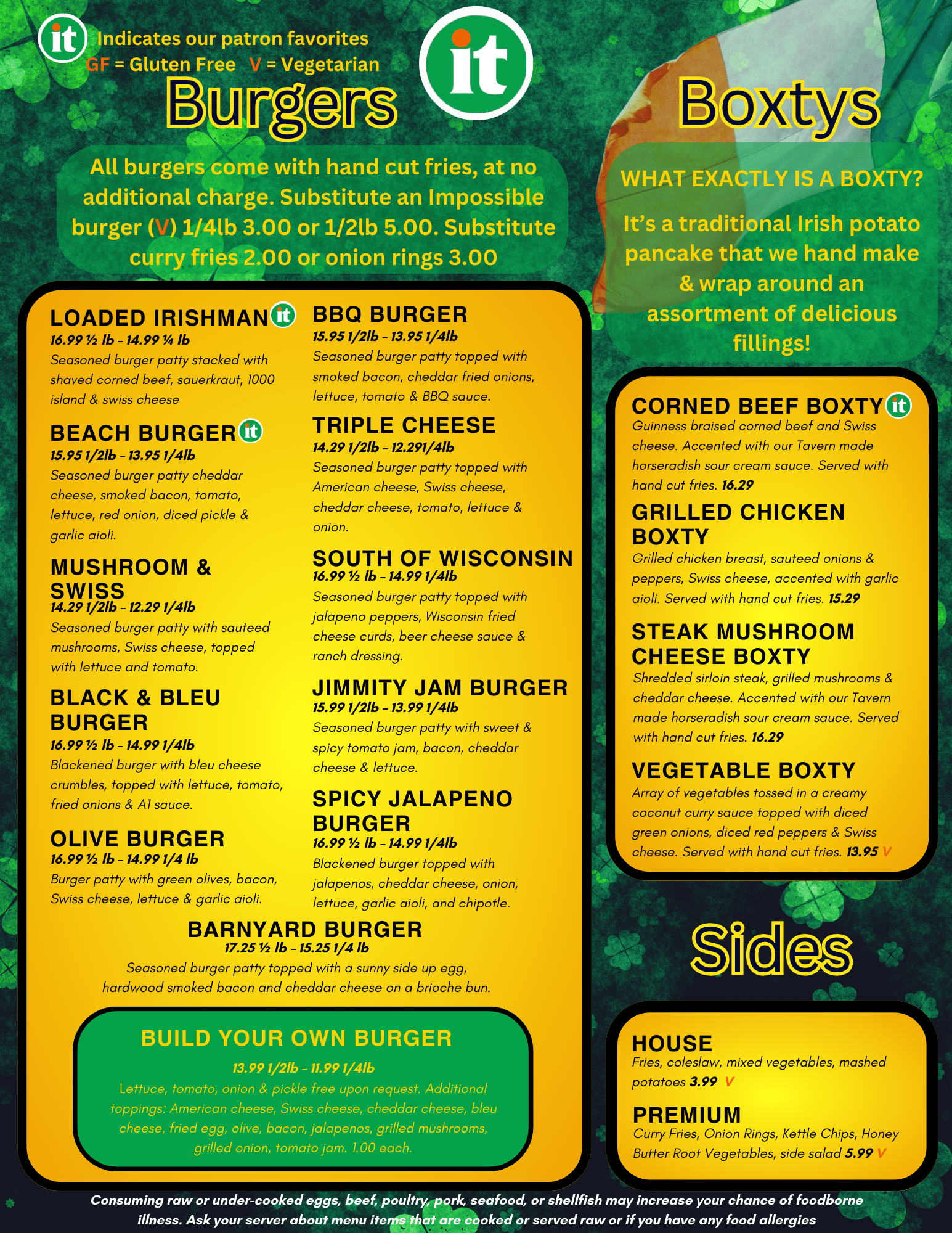 A menu that says burgers and boxtys on it