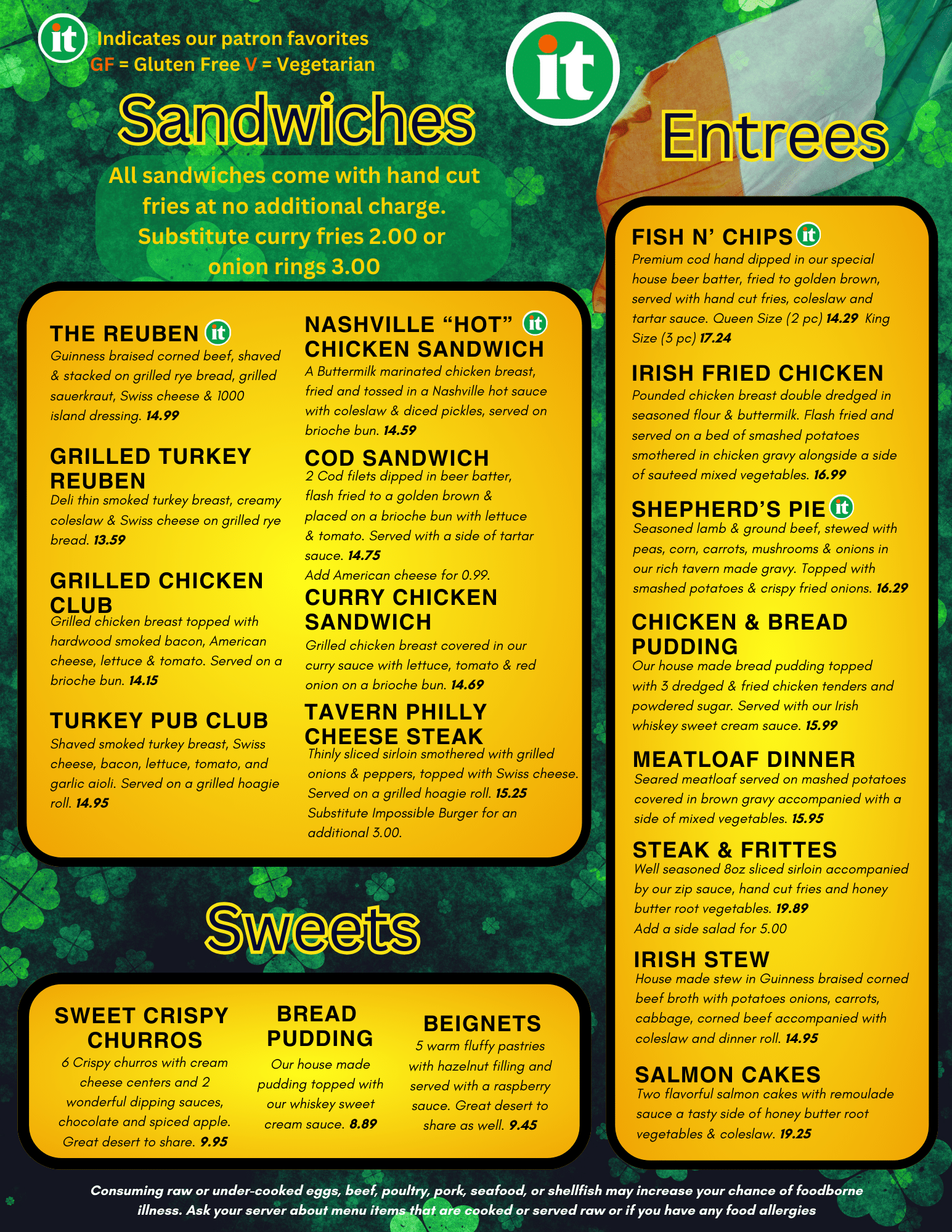 A menu for sandwiches and entrees at a restaurant