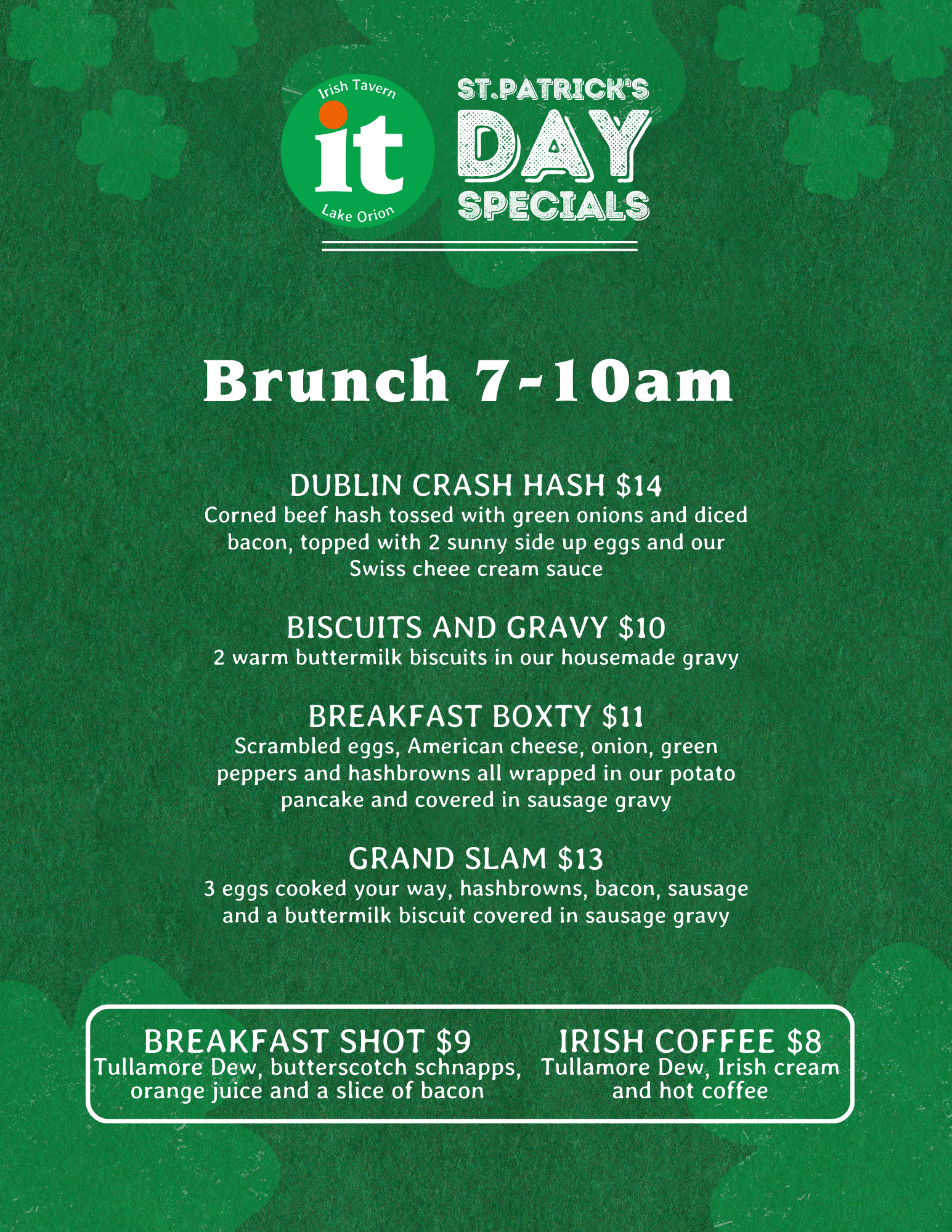 St. Pat's day drink menu