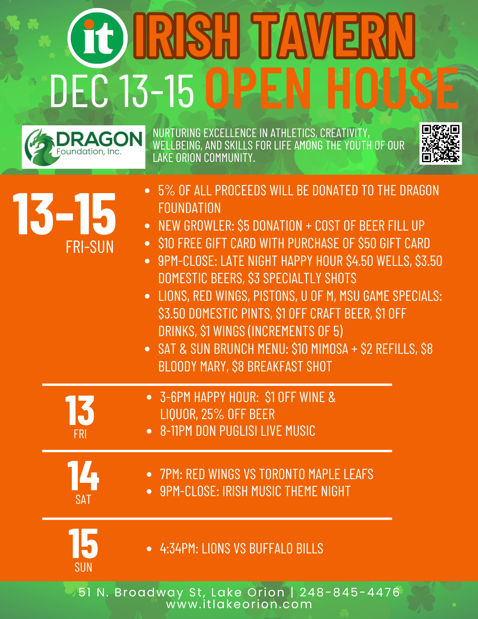 A flyer for an open house at the irish tavern