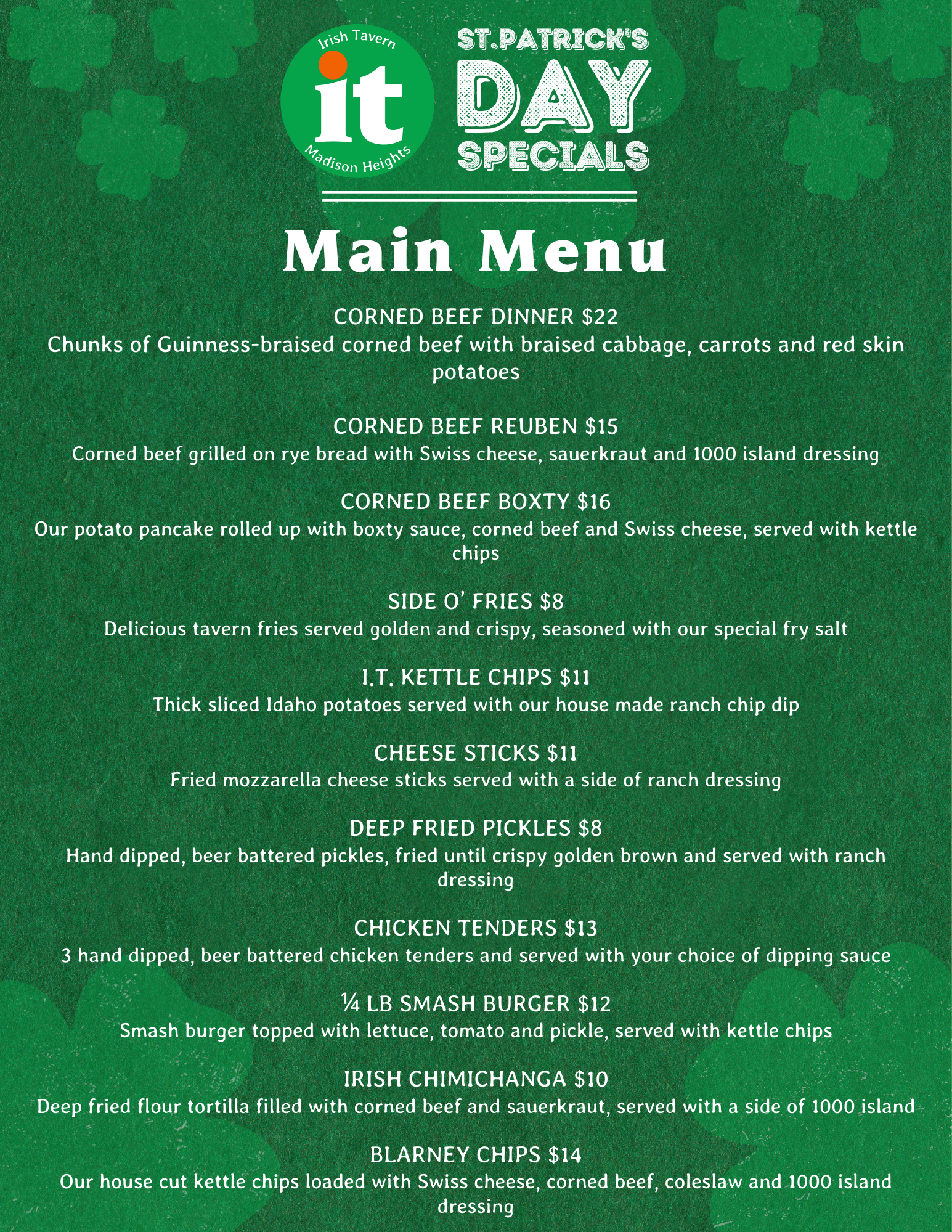 St. Pat's day menu