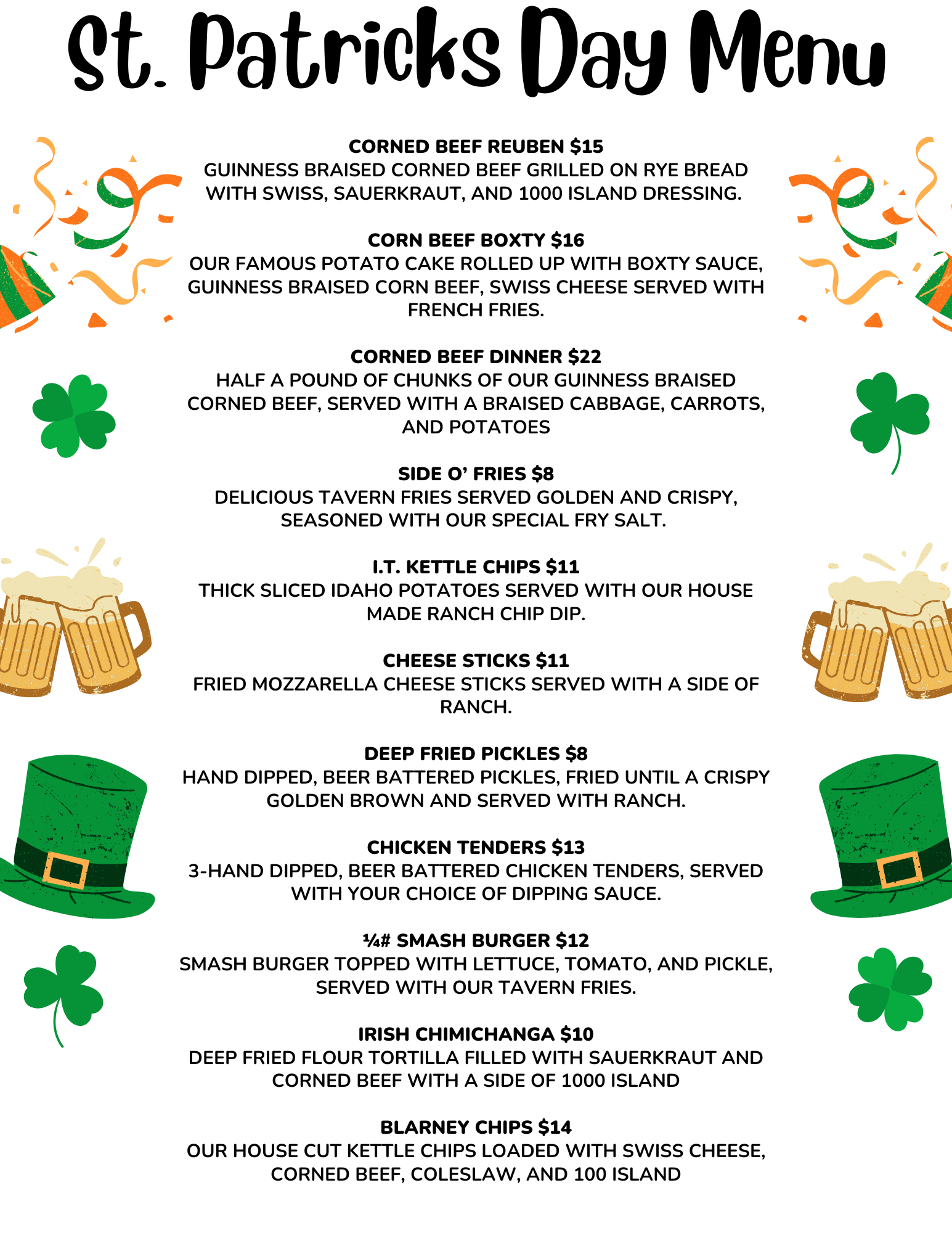 A menu for st. patrick 's day with a leprechaun hat and beer mugs.
