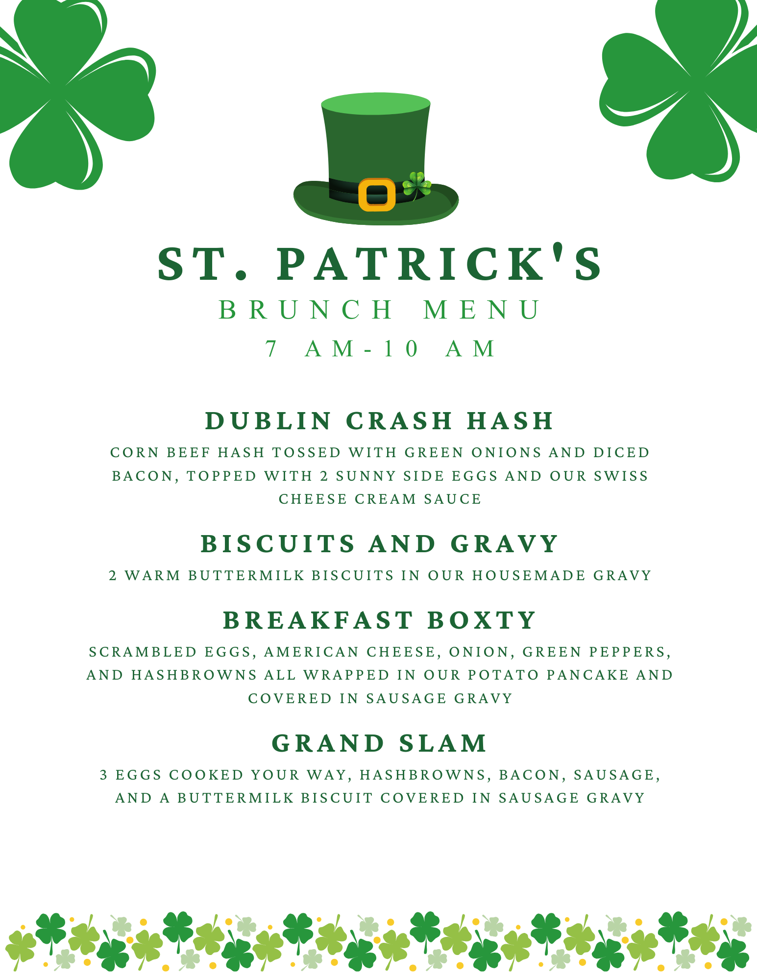 A menu for st. patrick 's brunch with a leprechaun hat and shamrocks.
