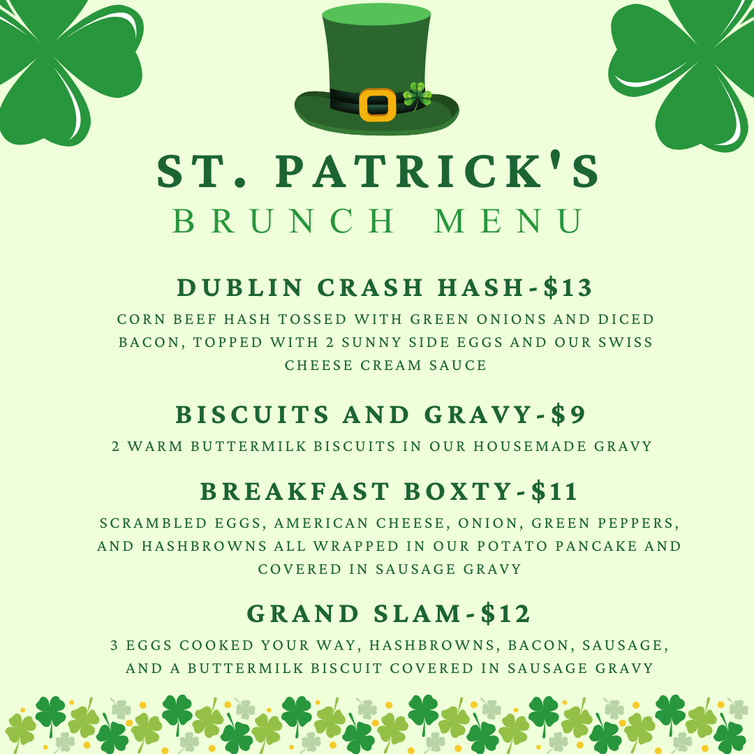 A menu for st. patrick 's brunch with a leprechaun hat and shamrocks