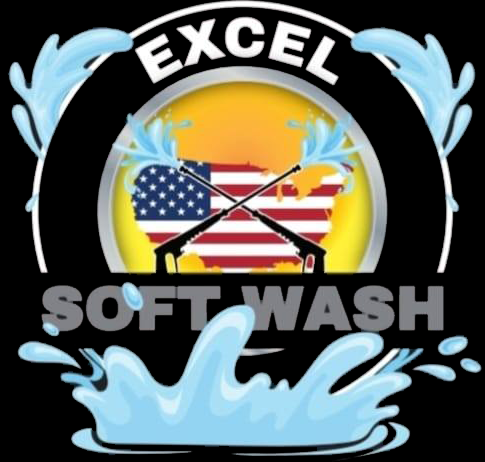 Logo for Excel Soft Wash featuring a water-spraying nozzle graphic over a U.S. map, surrounded by water splashes.