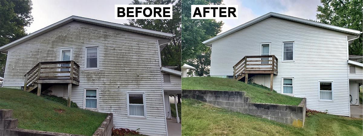 A side-by-side comparison of a house exterior showing grime-covered siding before and cleaned white siding after.