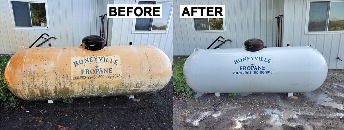 Before-and-after comparison of a rusted orange propane tank being cleaned to a light gray finish.
