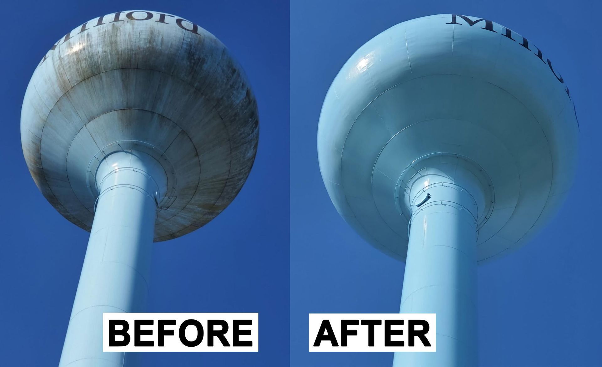 Side-by-side comparison of a light blue water tower before and after cleaning, showing the removal of grime and stains.